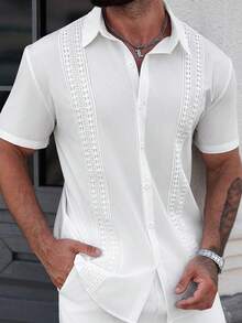 Manfinity CasualCool 男士夏季纯色撞色蕾丝单排扣休闲衬衫 - 白色 - 查看 4