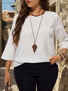 EMERY ROSE Women's Plus Size White Pullover Crew Neck Shirt Fall Fall Winter 2026 Fall Outfits Going Out Tops For Women Basic White Shirt - White - View 1