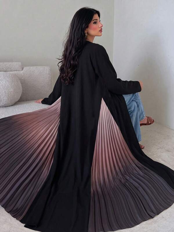 Yasmyna Áo Abaya nữ màu đen dệt, tay dài, phối màu, in kỹ thuật số, có mảng xếp ly, phong cách thanh lịch lãng mạn kiểu Ả Rập