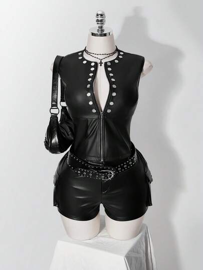 SHEIN ICON Plus Size Y2K Sexy Front Zipper Sleeveless PU Leather Tank Top, Sexy Y2K Leather Top, Nightclub
