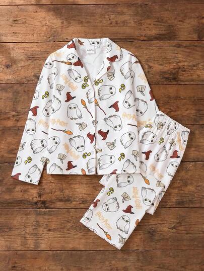 HARRY POTTER X SHEIN Tween Girl Cartoon Wizardry Owl Hedwig All Over Print Lapel Collar Shirt And Lounge Pants Set , Flame Resistant, Autumn/Winter Pajama Set,Preppy Style