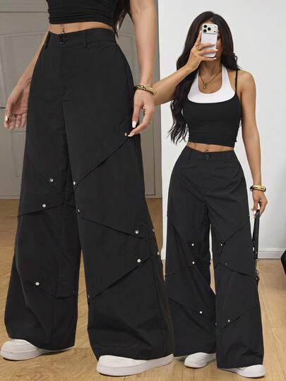 SHEIN PETITE Women Y2K Pants Side Pleated Studded Cargo Trousers