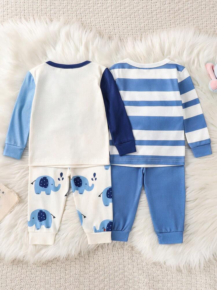 SHEIN 2 piezas/Set Pijama ajustado de niño con estampado de elefante de dibujos animados y poni a rayas en colores contrastantes, estilo minimalista y moderno, adecuado para otoño/invierno - Multicolor - Añade 5