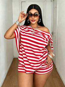 Mawevolt Plus Size Skin-Friendly Top & High-Waist A-Line Shorts Set, Slouchy Relaxed Loose Off-Shoulder Off-Shoulder European & American Hot Girl Style Red & White Striped Two Pieces Outfit - Red - View 3