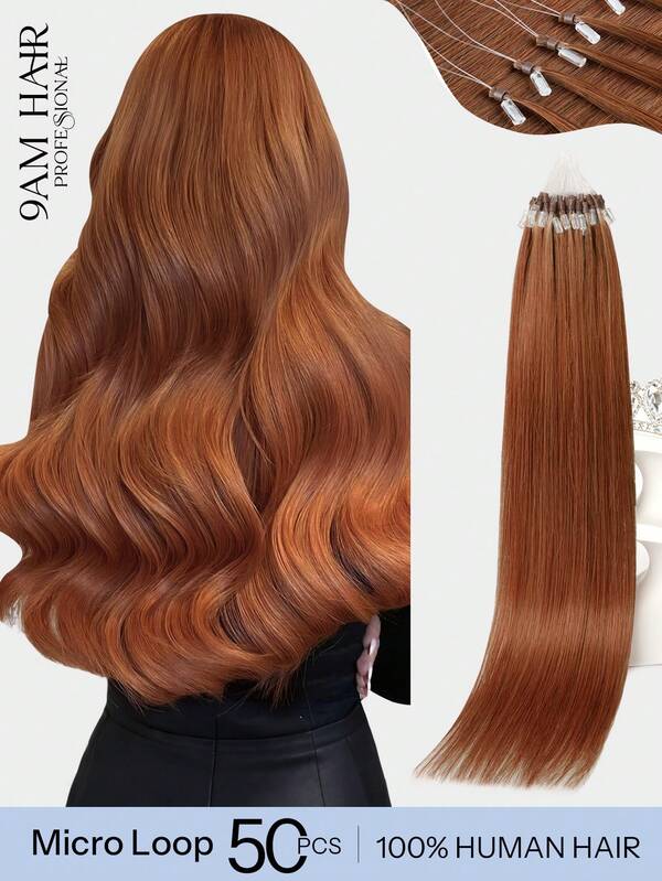 Micro Loop Human Hair Extensions Premium Virgin Remy Hair 33# Auburn Brown Reusable Invisible Micro Link Bead Hair No Glue No Tape Design 50Pcs 14-22 Inch Anti Shedding Soft Texture Ideal For Full Head Makeover Holiday& Hairstyle For Girls & Women