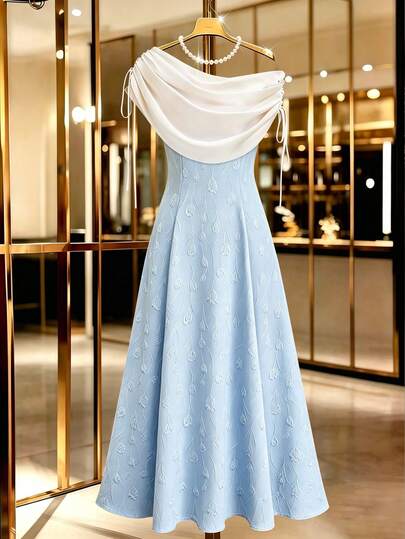 GlowEve CURVE Plus Size Elegant Elegant Cowl Neck Asymmetrical Shoulder Cinched Waist Dress, Slimming Fitted Summer Outfit