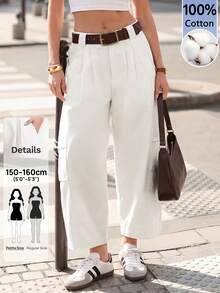 SHEIN PETITE Women's Solid Color Pleated Casual Versatile Daily Travel Long Pants - White - View 10
