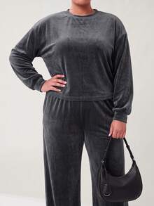 Solavibe Plus Size Autumn Casual Simple Traditional Elegant Solid Color Top And Pants 2 Pieces Set Fall Vacation Formal Black - Grey - View 4