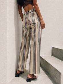 Nöista Multicolour Vertical-Stripe Wide-Leg Trousers With Front Patch Pockets. Everyday Outfits, Casual, College, Day-To-Night, Fall, Autumn, Winter. - Pink - View 3