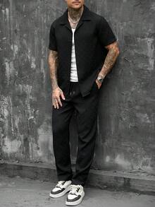 SLATEMANN 男士純色單排扣短袖襯衫與長褲套裝 - 黑色 - 查看 4