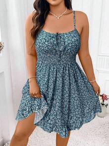 Elenzga Plus Ditsy Floral Print Tie Front Ruffle Hem Cami Dress Vacation Beach Outfits Women - Blue - View 1