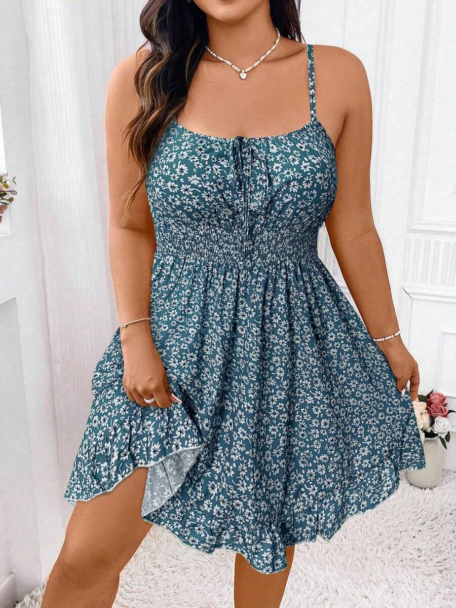 Elenzga Plus Ditsy Floral Print Tie Front Ruffle Hem Cami Dress Vacation Beach Outfits Women - Blue - View 1