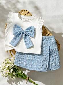 Vintaside Kids 6-9M-2-3Y 嬰兒女童兩件套，甜美藍色花卉提花布料蝴蝶結裝飾荷葉袖圓領上衣 & 鬆緊腰藍色開衩短褲，適合日常穿著、派對及其他場合 - 藍色 - 查看 1