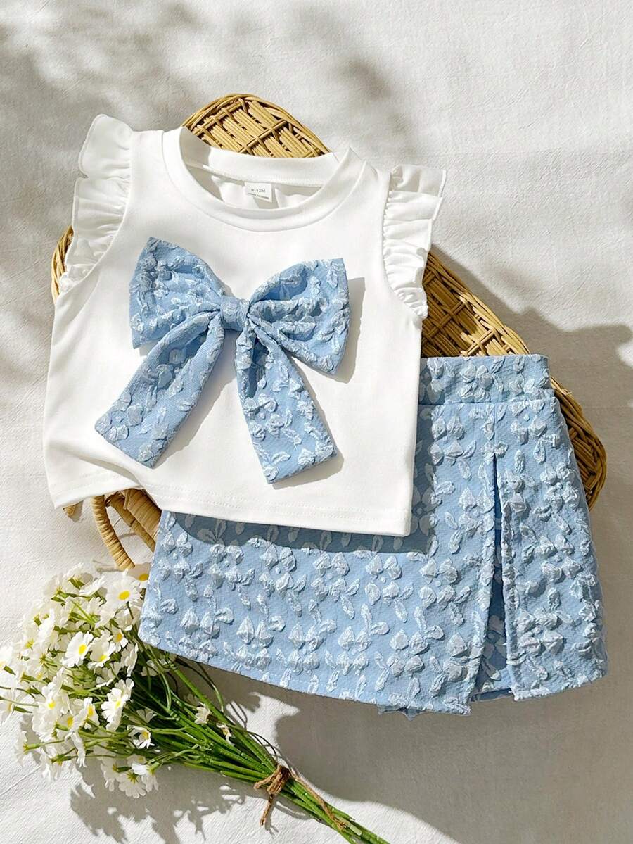 Vintaside Kids 6-9M-2-3Y 嬰兒女童兩件套,甜美藍色花卉提花布料蝴蝶結裝飾荷葉袖圓領上衣 & 鬆緊腰藍色開衩短褲,適合日常穿著、派對及其他場合 - 藍色 - 查看 1