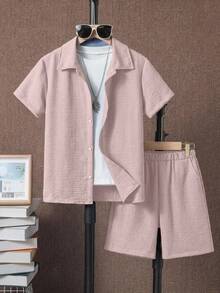 SHEIN 大童男孩夏季休閒襯衫短褲兩件套 - 粉色 - 查看 3