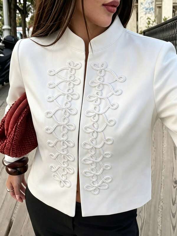SHEIN PariChic Spring/Autumn White Napoleon Button Decor Stand Collar Boxy Hidden Hook & Eye Closure Lined Jacket, White Casual Jacket, Holiday Jacket, Fashionable Elegant Casual Jacket