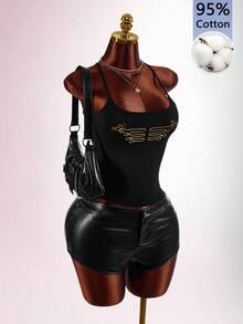 Amplova Black And Gold Foil Spaghetti Strap Sleeveless Fitted Military Style Vintage Sexy Criss-Cross Backless Women's Mini Tank Top Club Night Out Summer - Black and Gold - View 9