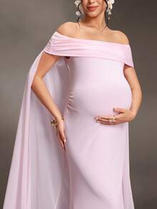 Cheriluna Maternity Maternity Off-Shoulder Solid Color Fashion Photography Dress - Pink - View 7