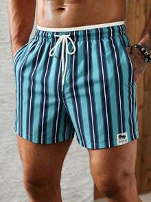 Manfinity KASUA Men's Vacation Drawstring Waist Letter Print Denim Beach Shorts - Green - View 7