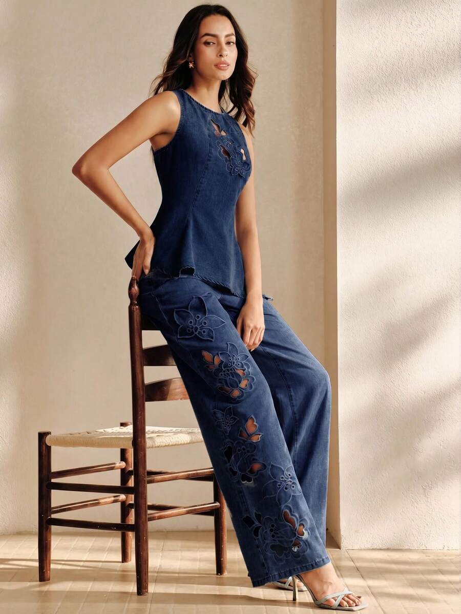 Anewsta 女款春夏時尚性感重工刺繡鏤空藍色收腰上衣