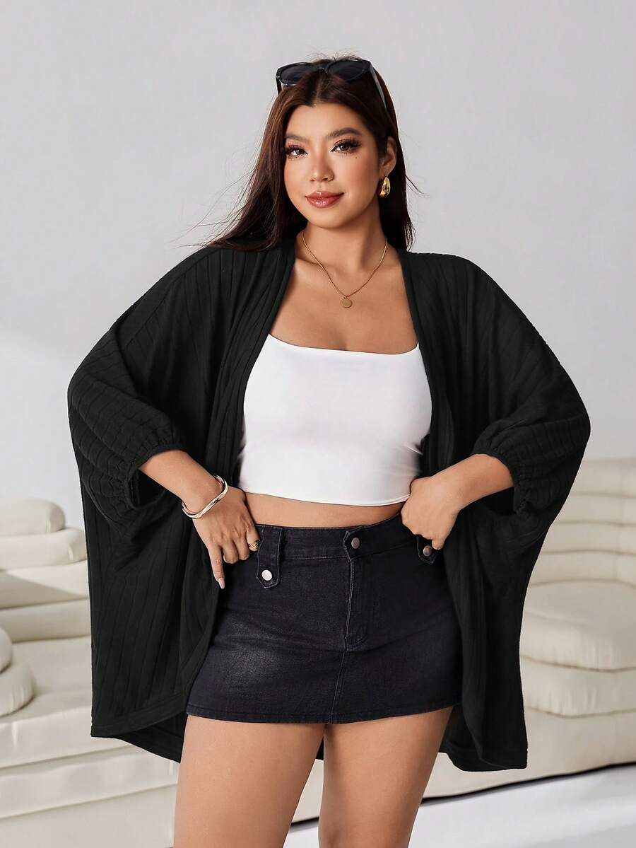 Solflare Plus Size Women's Solid Color Casual Versatile Daily Wear Cardigan Fall - Black - View 1