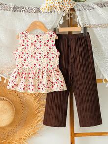 SHEIN Elladie kids 女童新款清新田園風精緻碎花兩件套，粉色蝴蝶結裝飾無袖背心上衣 + 粉色紋理布料寬腿長褲，甜美可愛時尚休閒套裝，夏季 - 棕色 - 查看 2