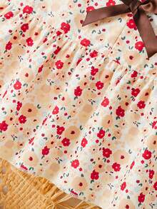 SHEIN Elladie kids 女童新款清新田園風精緻碎花兩件套，粉色蝴蝶結裝飾無袖背心上衣 + 粉色紋理布料寬腿長褲，甜美可愛時尚休閒套裝，夏季 - 棕色 - 查看 6