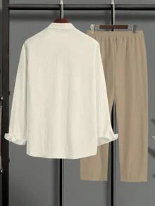 Manfinity Homme 2pcs Men's Casual Simple Button-Down Shirt & Drawstring Pants Set, Fall Clothes, Cozy Outfits, Formal - Khaki - View 2