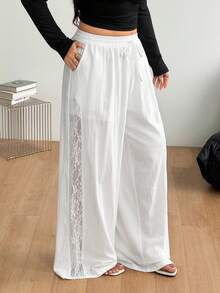 Coolane Plus Size Sweet Lace Patchwork Drawstring Waist Loose Wide Leg Long Pants - White - View 8