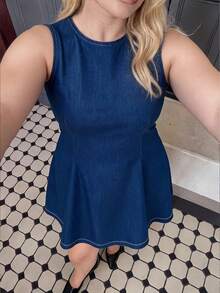 Dripcurv Plus Size Women's Solid Color Round Neck Casual Daily Wear Dress - Navy Blue - View 4