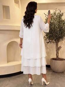Auveirra Plus Size Women Solid Color Round Neck Casual Elegant Daily Autumn Dress Wedding Formal Tea Party Dinner White Fall - White - View 2