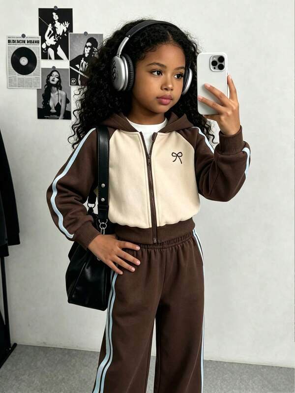SHEIN 2pcs/Set Girls' Colorblock Raglan Hooded Zip-Up Jacket And Wide Leg Sweatpants, Vintage Beige Brown, Front Small Bow Foil Print Graphic, Summer School