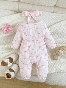 SHEIN Playful Pals Newborn Baby Girl Pink Heart & Bow Pattern Round Neck Long Sleeve Romper - Pink - View 2