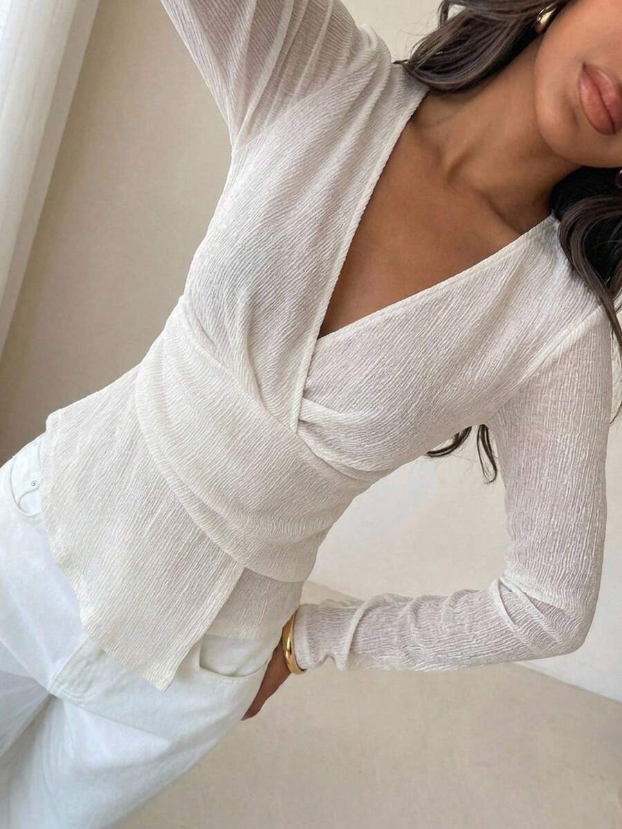 Aloruh Elegante maglietta casual da donna con scollo a V, maniche lunghe, stile minimalista, top versatile per tutti i giorni