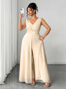 Elenzga Women's Plus Size Elegant Cinched Waist Jumpsuit - Apricot - View 8