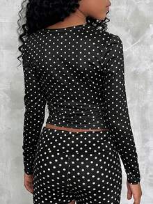 Camiseta ajustada de moda para niñas preadolescentes en otoño con mangas raglán, cuello en U, cintura fruncida, elástica - Blanco y Negro - Ver 4