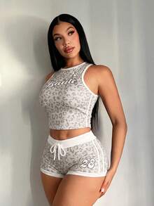 SHEIN SXY 女款字母豹紋短版背心與短褲休閒兩件套 - 彩色 - 查看 4