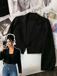 SHEIN LUNE 秋冬短款休闲女式西装外套 - 黑色 - 查看 1