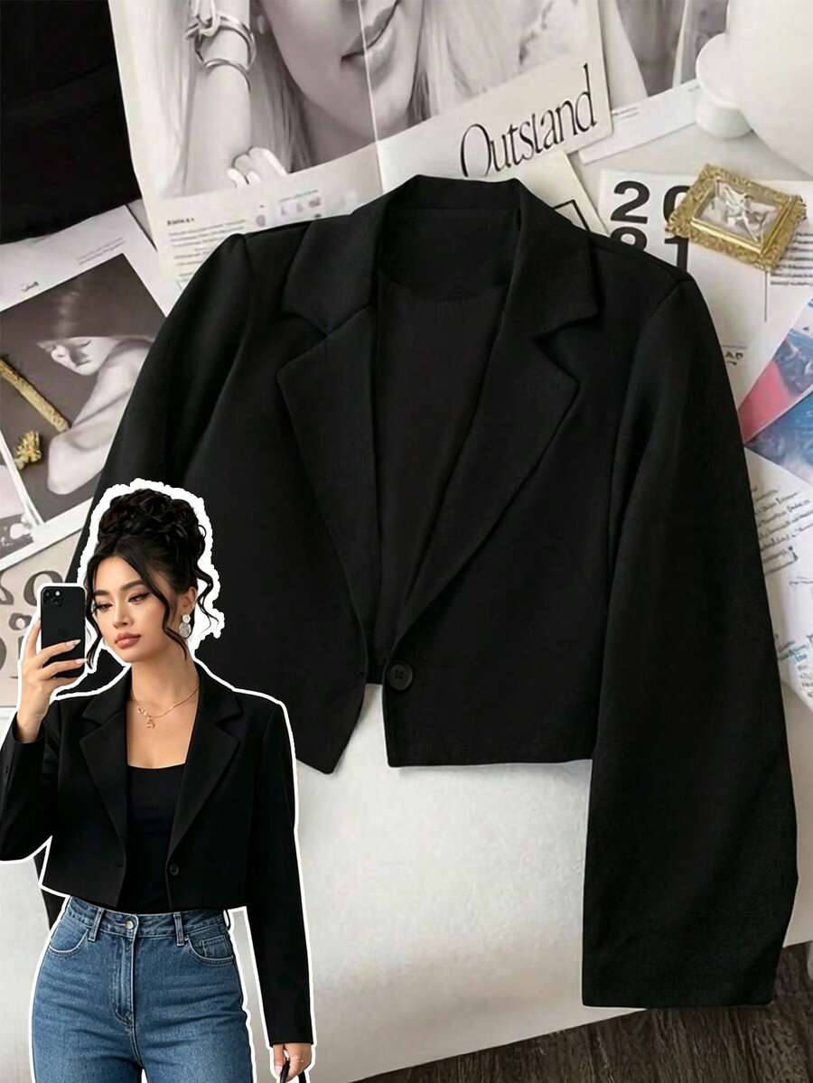 SHEIN LUNE 秋冬短款休闲女式西装外套 - 黑色 - 查看 1