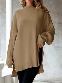 EURMUSE Plus Size Plain Color Side Slit Knitted Sweater, Casual For Autumn/Winter - Brown - View 3