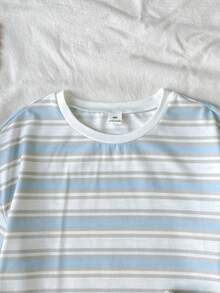 SHEIN Tween女孩夏季新款休閒度假日常穿著藍白紋理條紋寬鬆短袖T恤與短褲套裝 - 藍色 - 查看 6