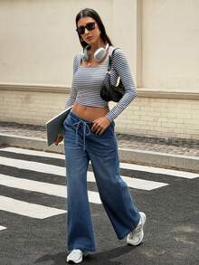 SHEIN Essnce Summer Casual Tummy Control Compression Fit High Waist Drawstring Wide Leg Flattering Daily Wear Comfortable Jeans For Women Everyday Night Out Blue - Dusty Blue - View 5