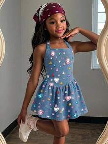 Kids Young Girl Kids Casual Fashion Colorful Rhinestone Decor Halter Neck A-Line Dress - Multicolor - View 2
