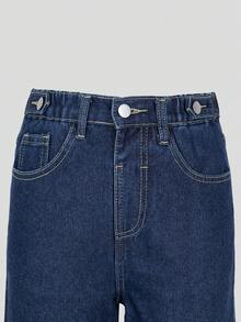 SHEIN 青少年女孩牛仔褲夏季新品，青少年女孩牛仔褲，淺藍色水洗牛仔色，休閒舒適，寬鬆寬腿版型，舒適棉質牛仔布料，居家日常上學通勤派對穿搭，青少年女孩牛仔短褲 - 深色水洗藍 - 查看 8