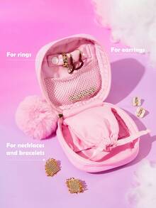 SHEIN X Care Bears 愛心卡通動物印花小方格珠寶收納盒，附柔軟毛球拉鍊吊飾，便攜式日常與旅行飾品收納盒 - 彩色 - 查看 4