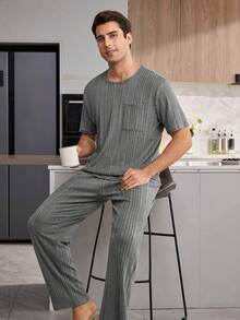 CoupledUp Conjunto de Pijama Masculino com Camiseta de Manga Curta e Calça de Textura Macia, Roupa de Descanso - Chumbo - Visão 5