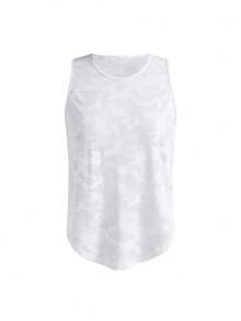 SHEIN Cheerettes 女款休閒極簡提花圓領運動背心，適合跑步與健身，白色迷彩針織無袖網眼效果透氣背心 - 白色 - 查看 4