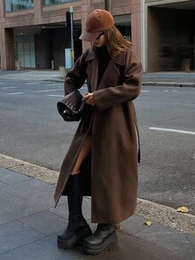 Livesso Tall Women's Lapel Long Loose Straight Leg Casual Overcoat Fall - Brown - View 4