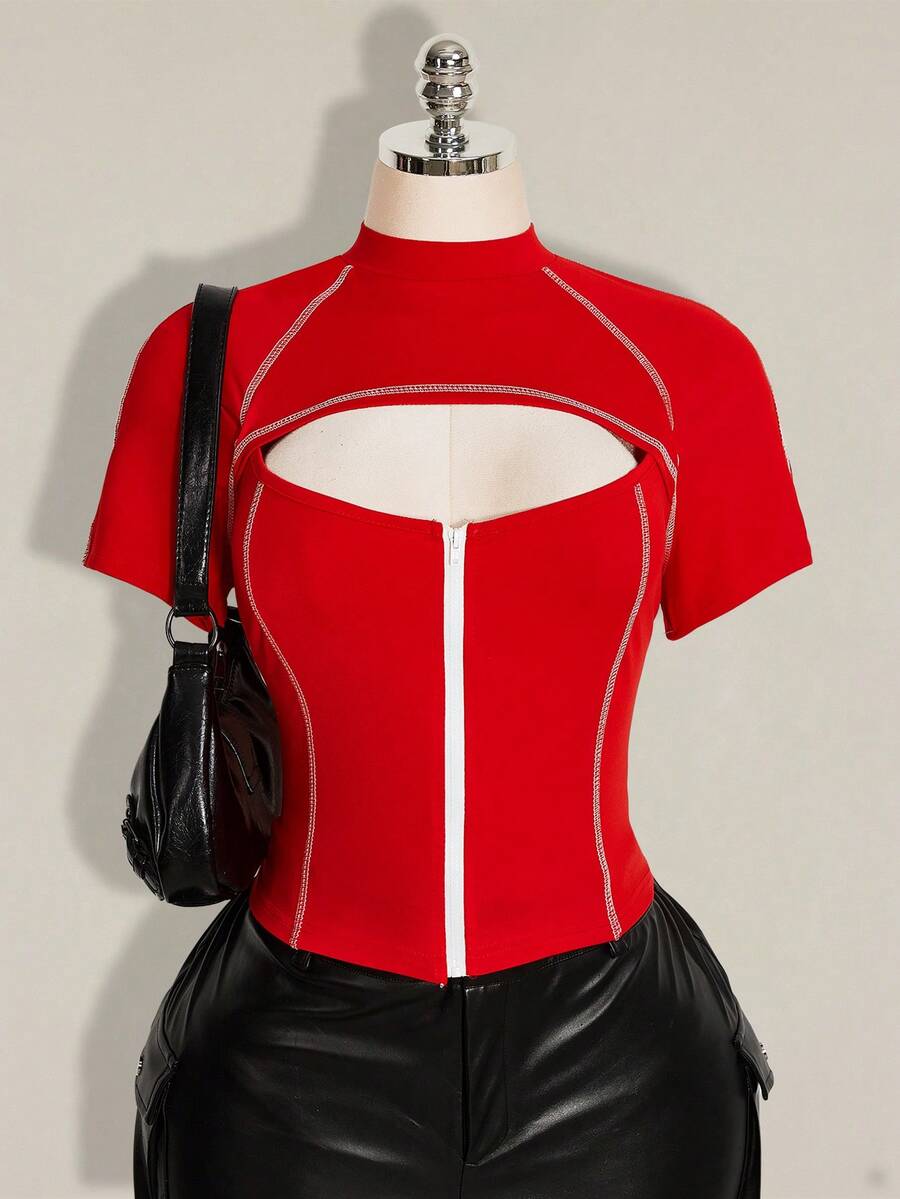 SHEIN ICON 女款大尺碼鏤空性感拼色拉鍊修身T恤 - 紅色 - 查看 1