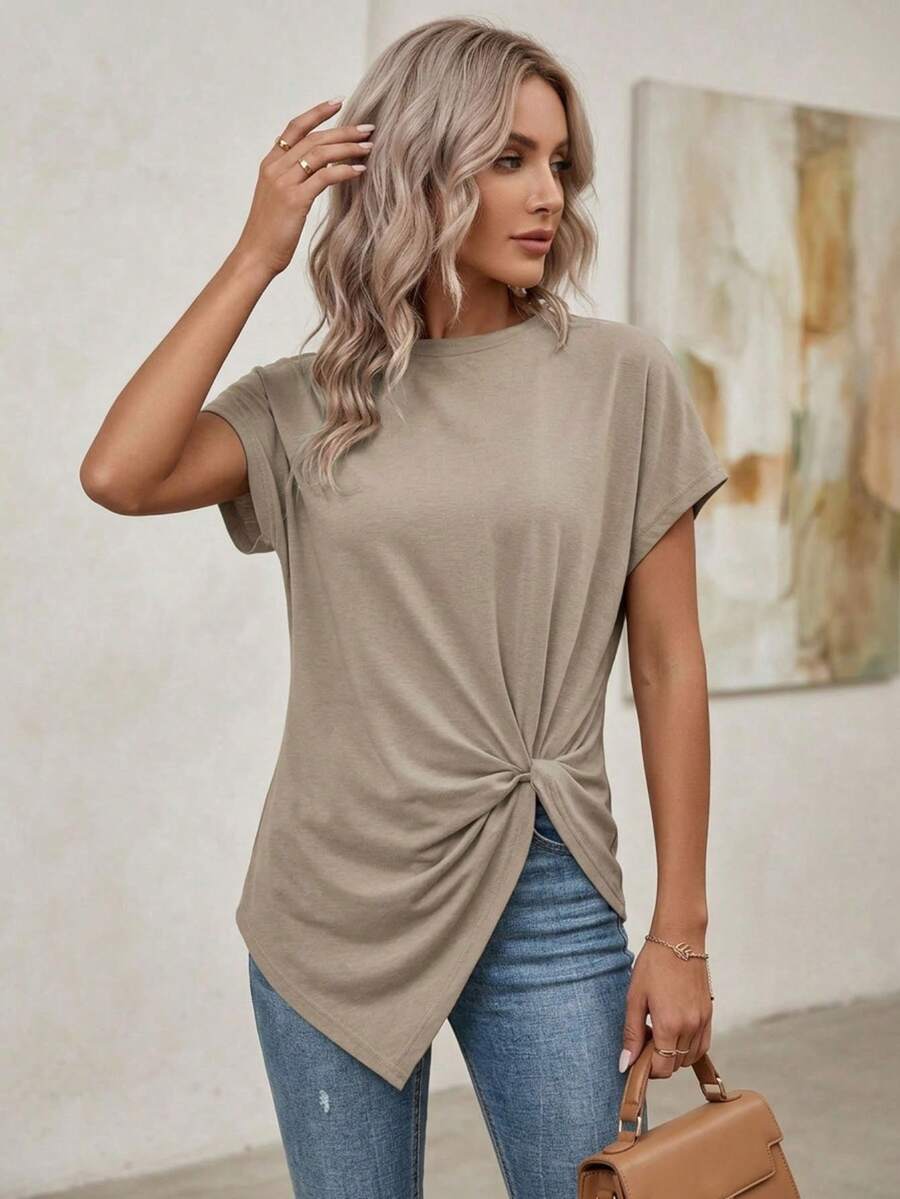 EMERY ROSE Plus Size Women's Casual Solid Color Twist Hem Short Sleeve T-Shirt - Multicolor - View 1